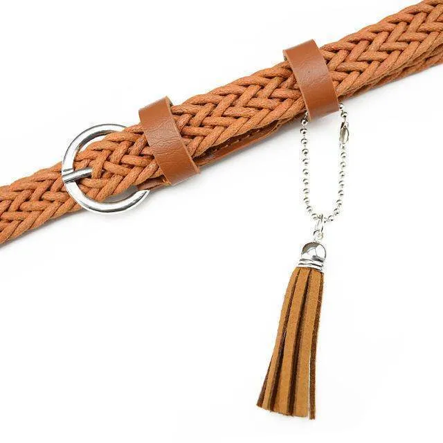 105cm Retro student knitted leather belts for women casual white tassels woven belts and straps female thin belt