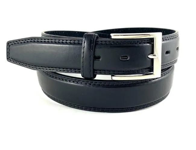 35mm | Black | Stitched Dress Belt | Polished Silver Buckle