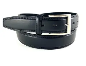 35mm | Black | Stitched Dress Belt | Polished Silver Buckle