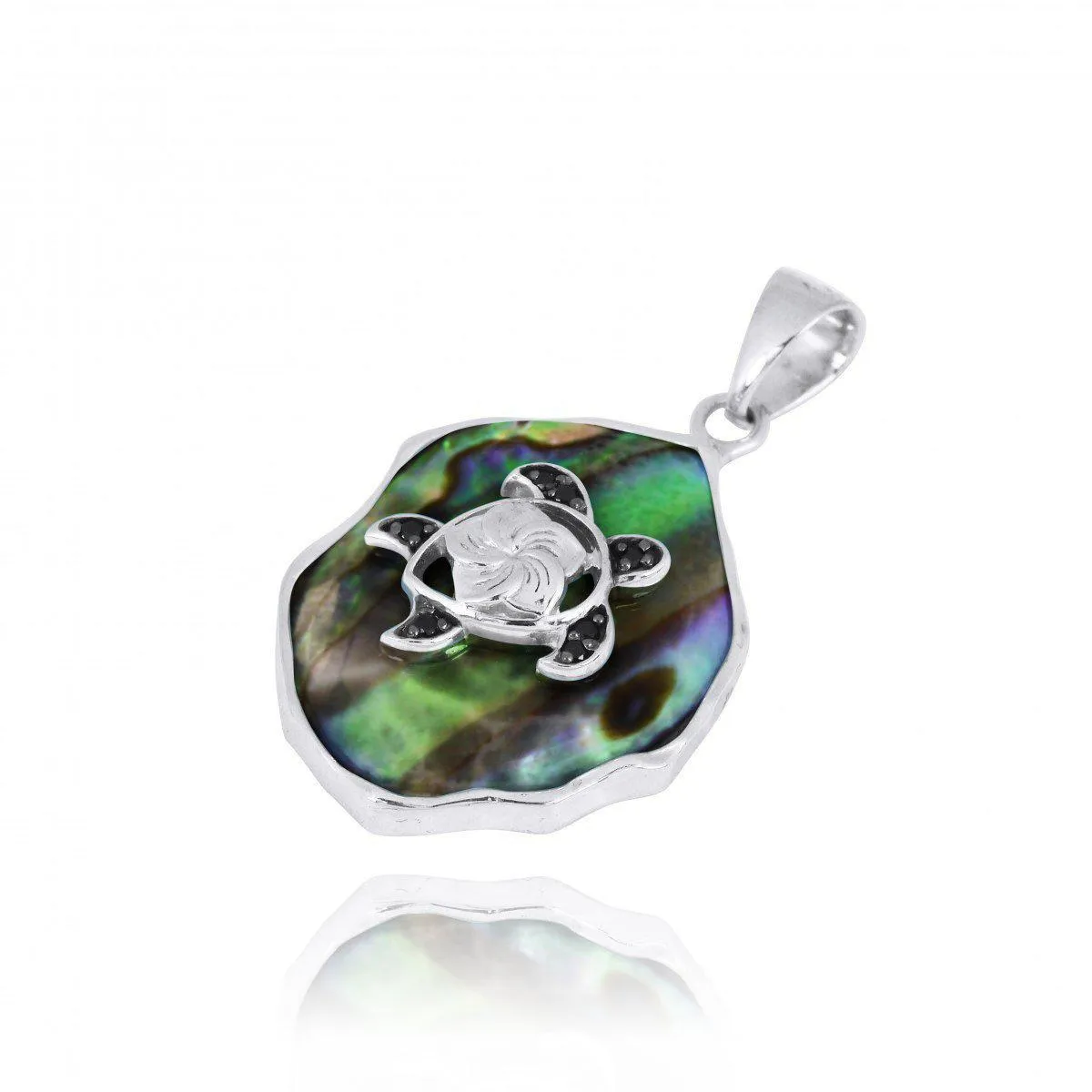 Abalone Shell Pendant Necklace with Sterling Silver Turtle and Black Spinel