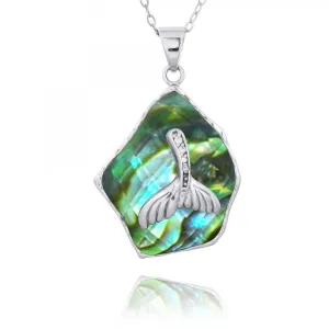 Abalone Shell Pendant Necklace with Sterling Silver Whale Tail and White CZ