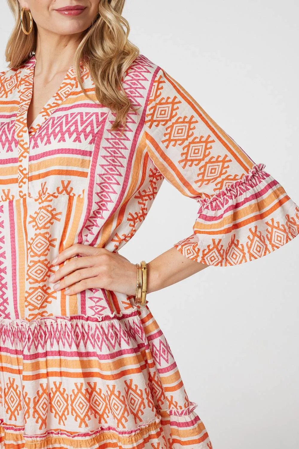 Aztec Print V-Neck 3/4 Sleeve Short Dress