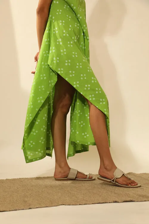 Bandhani Strappy Long Dress In Lime Green