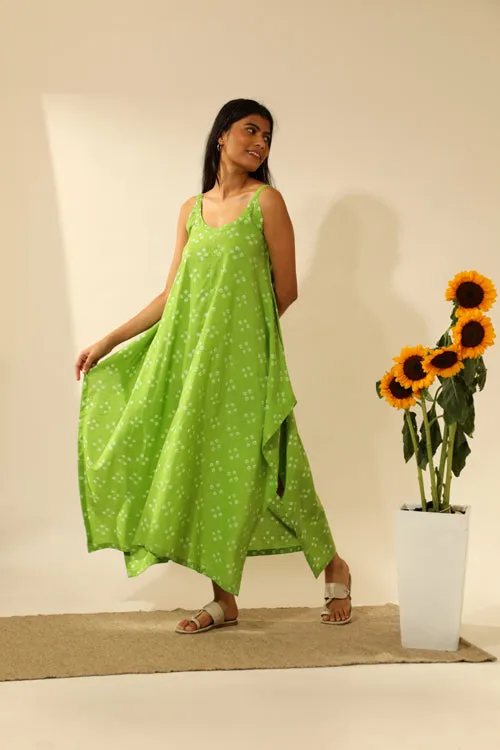 Bandhani Strappy Long Dress In Lime Green