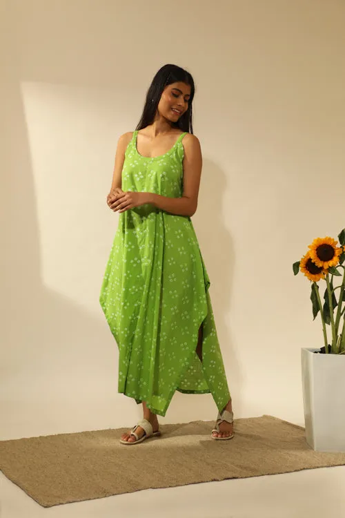 Bandhani Strappy Long Dress In Lime Green