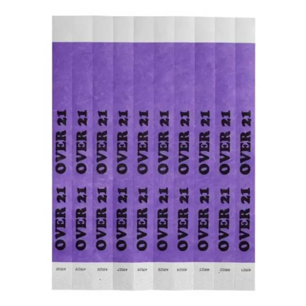 Bar Maid WB-OVER21 Wristbands, 3/4"W X 9.5"L Tyvek, Sequentially Numbered — Over 21 (Purple/Black), 500 Bands/Pack