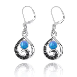 Black Spinel Wave and Round Blue Opal Sterling Silver Lever Back Earrings