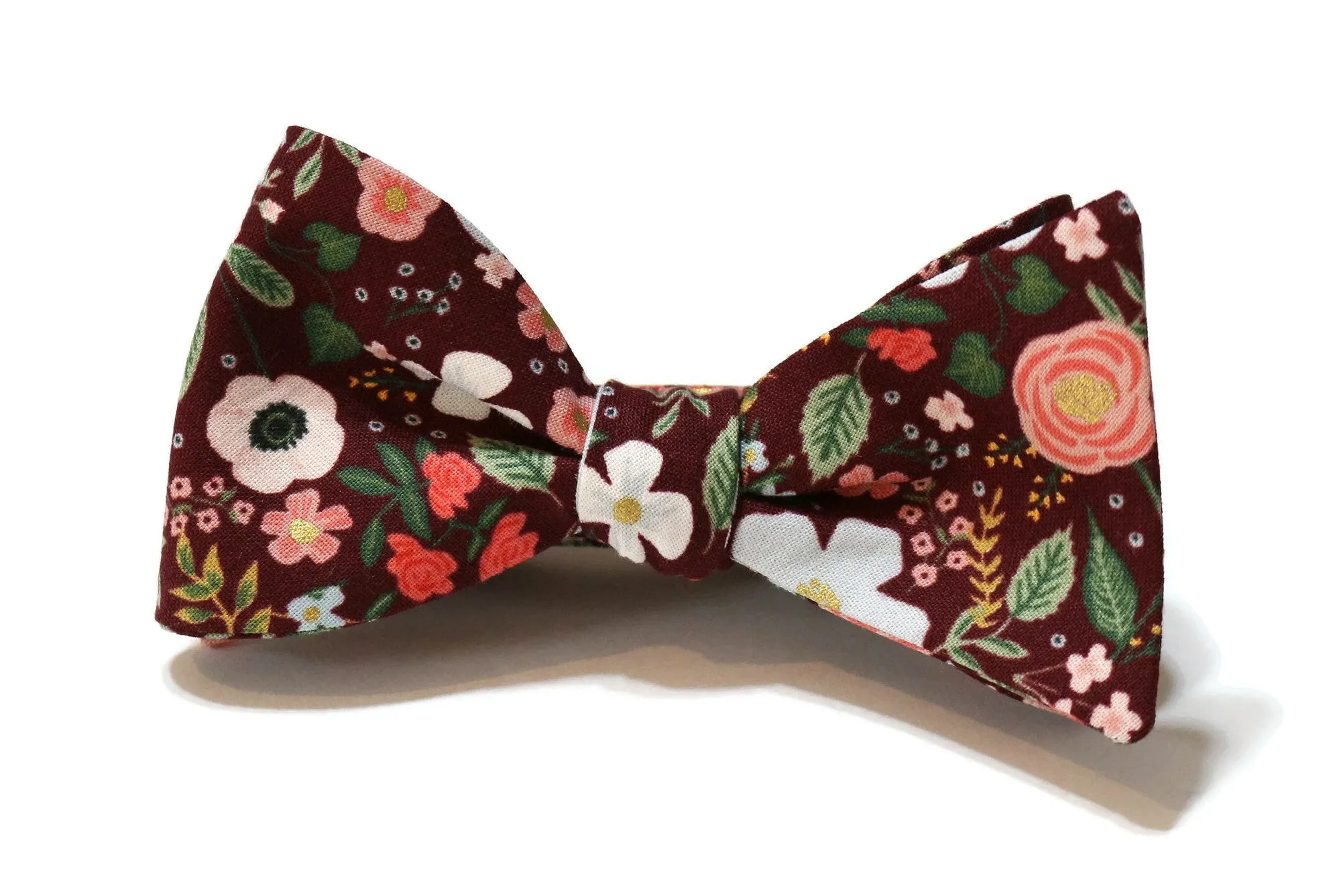 Burgundy Wild Rose Floral Bow Tie