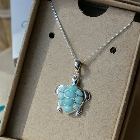 Caribbean Larimar Sea Turtle Pendant Necklace