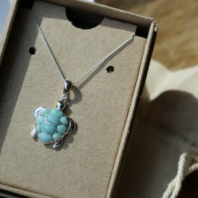 Caribbean Larimar Sea Turtle Pendant Necklace