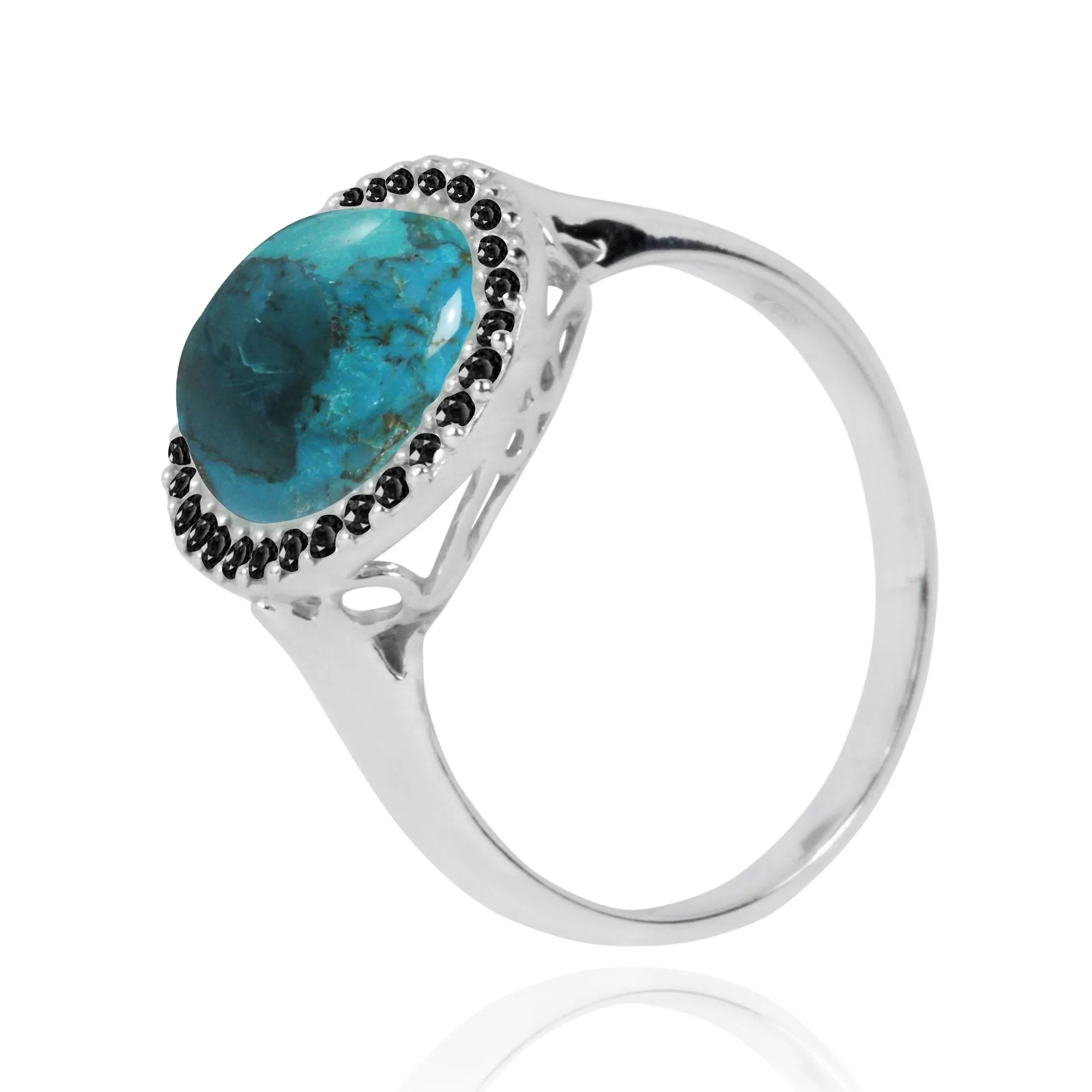 Compressed Turquoise  Cocktail Ring with 30 Round Shape Black Sapphire Stones