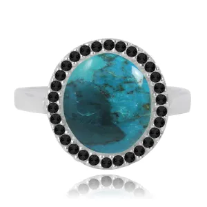 Compressed Turquoise  Cocktail Ring with 30 Round Shape Black Sapphire Stones