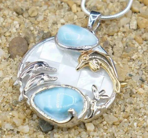 Dolphins Pendant Necklace with Two Larimar Stones and Mother of Pearl Mosaic