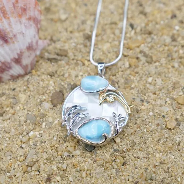 Dolphins Pendant Necklace with Two Larimar Stones and Mother of Pearl Mosaic