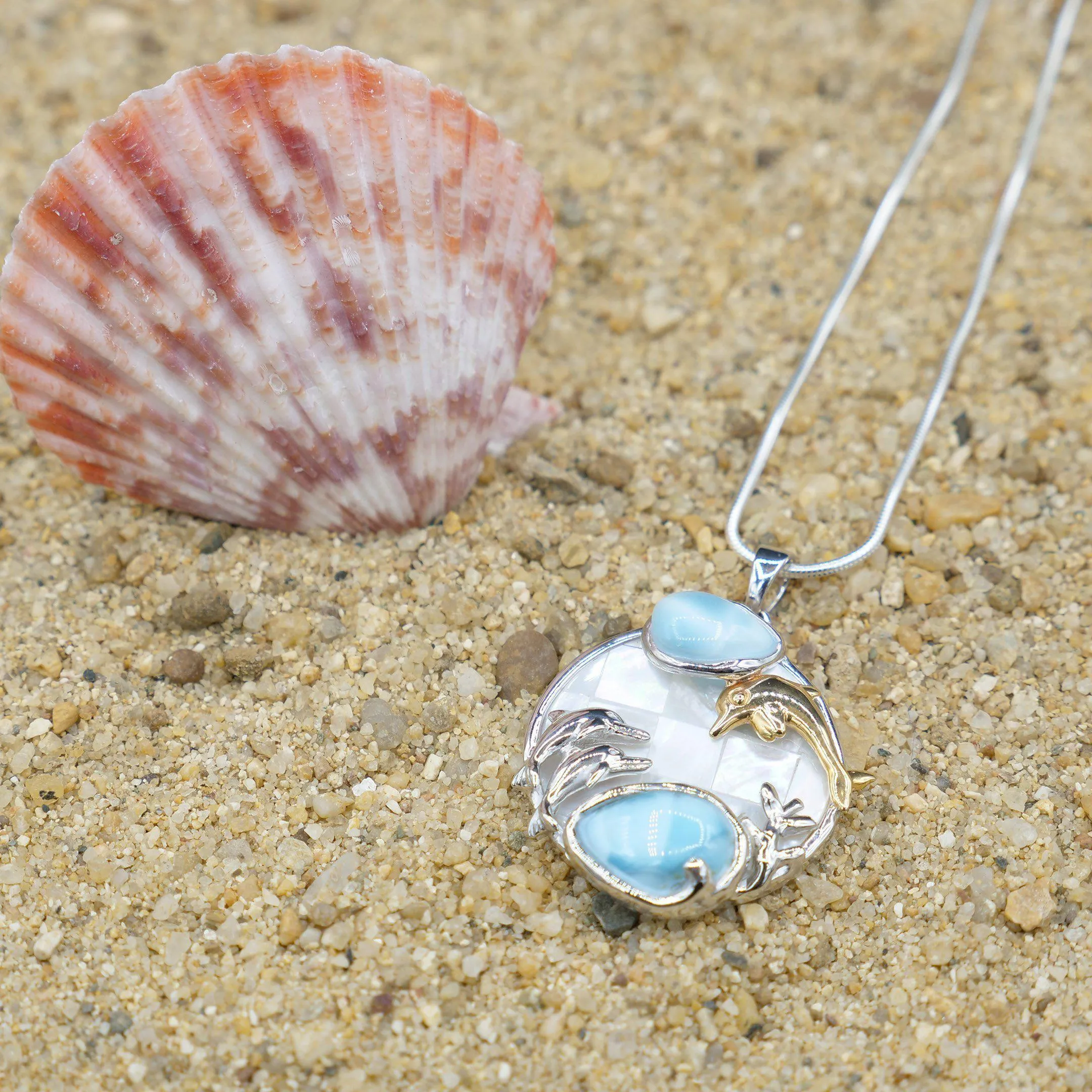 Dolphins Pendant Necklace with Two Larimar Stones and Mother of Pearl Mosaic