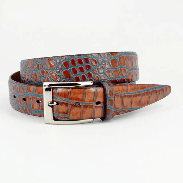 Faux Crocodile Embossed Dress Casual Calfskin Belt in Tan/Blue by Torino Leather Co.