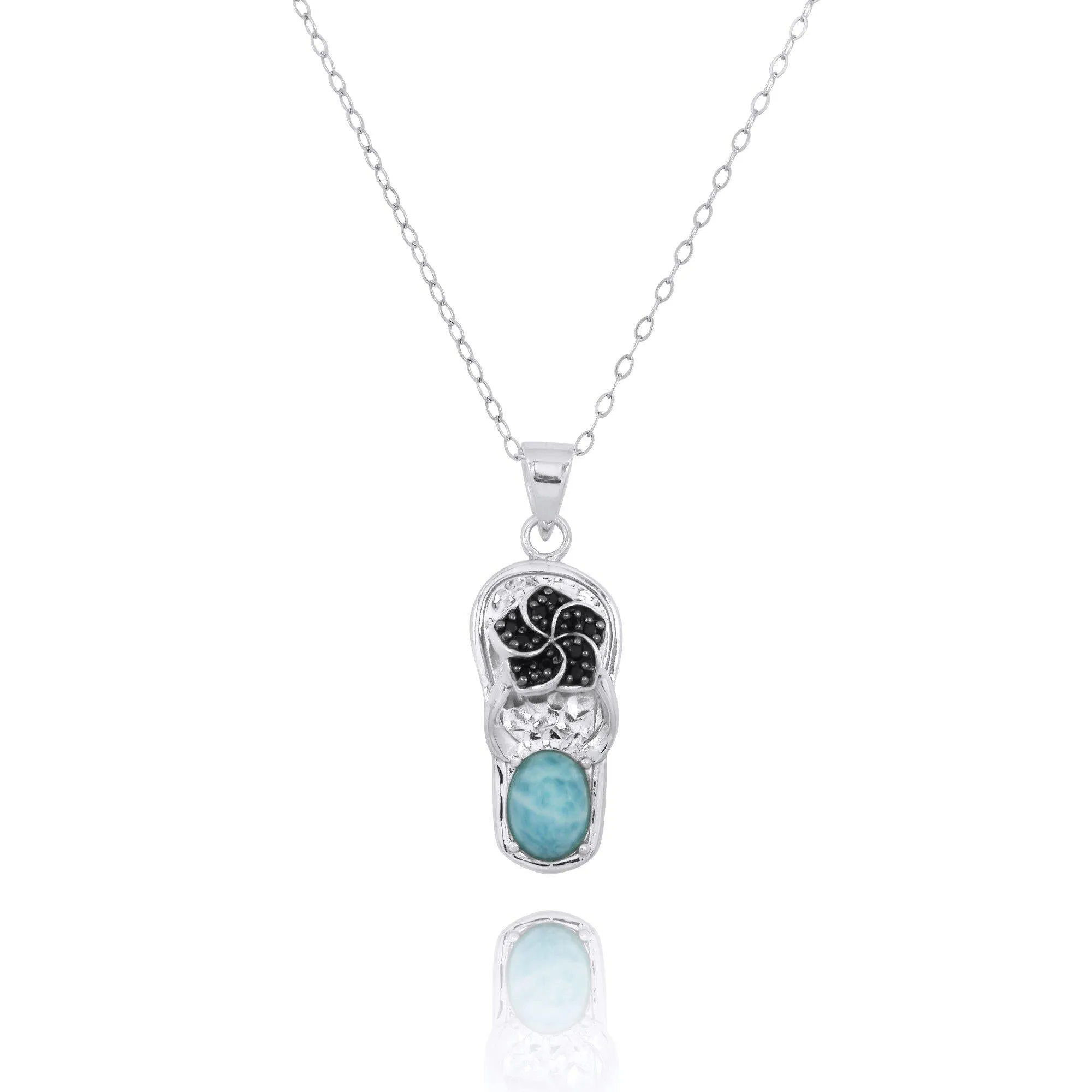 Flip Flop Pendant Necklace with Black Spinel Hibiscus and Round Larimar