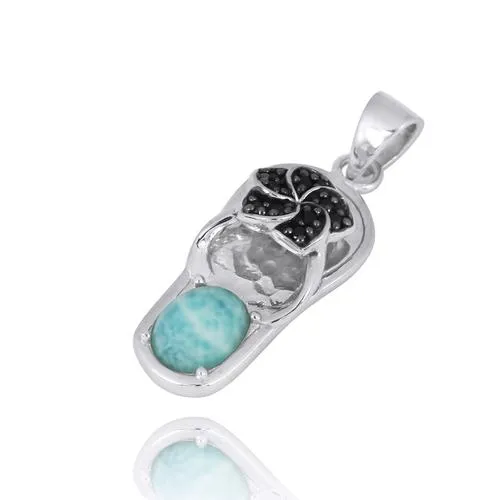 Flip Flop Pendant Necklace with Black Spinel Hibiscus and Round Larimar