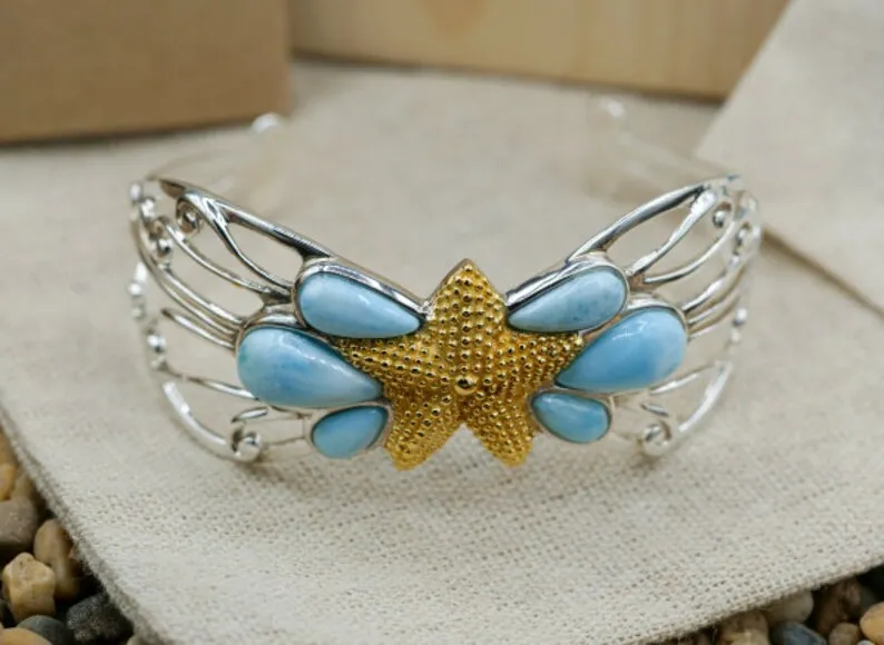 Golden Starfish Bangle Bracelet with Larimar Stones