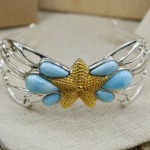 Golden Starfish Bangle Bracelet with Larimar Stones