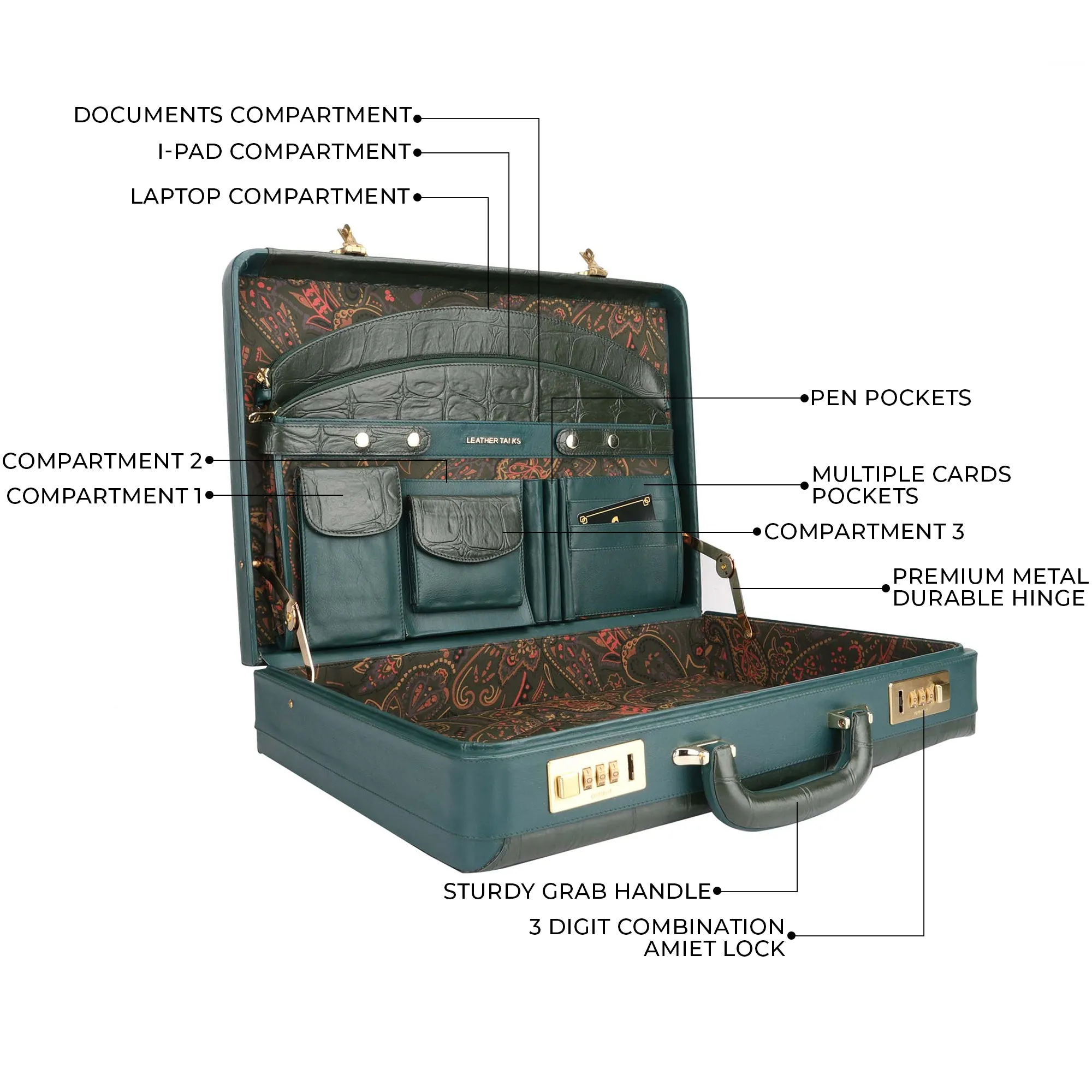 Great Dane Ruvido Double Lock- Genuine Leather Attaché | Briefcase | Advocate Briefcase | Security Briefcase  | Color : Green