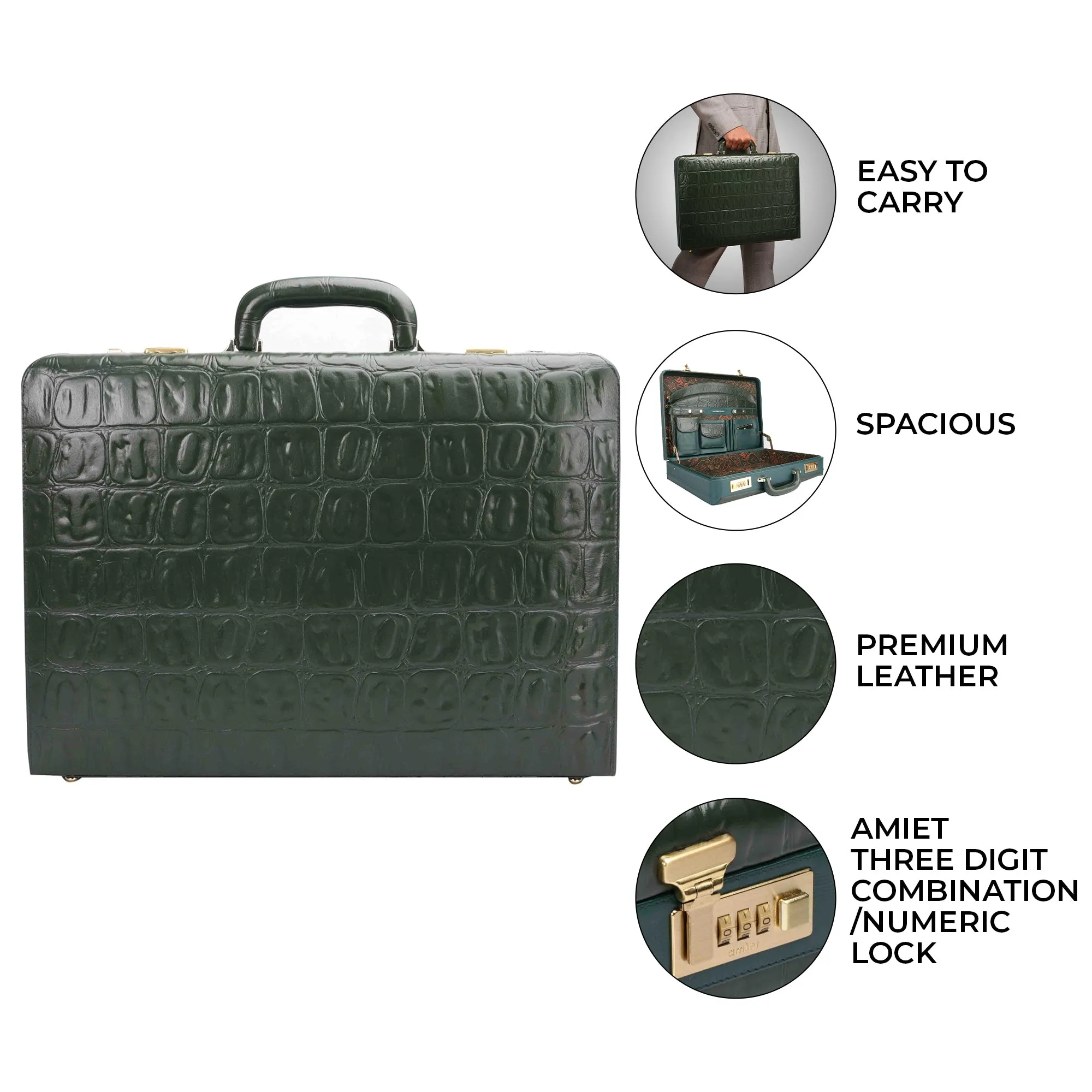 Great Dane Ruvido Double Lock- Genuine Leather Attaché | Briefcase | Advocate Briefcase | Security Briefcase  | Color : Green