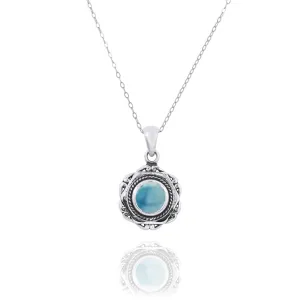 Hexagonal Shaped Oxidized Silver Pendant with Round Larimar