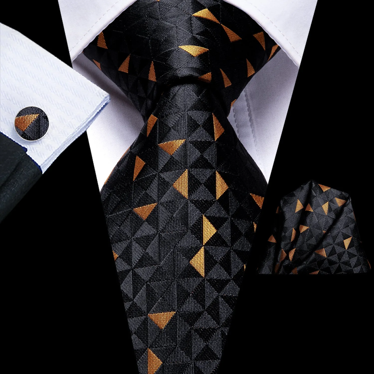 Hi-Tie Black Necktie Golden Plaid Mens Tie Pocket Square Cufflinks Set