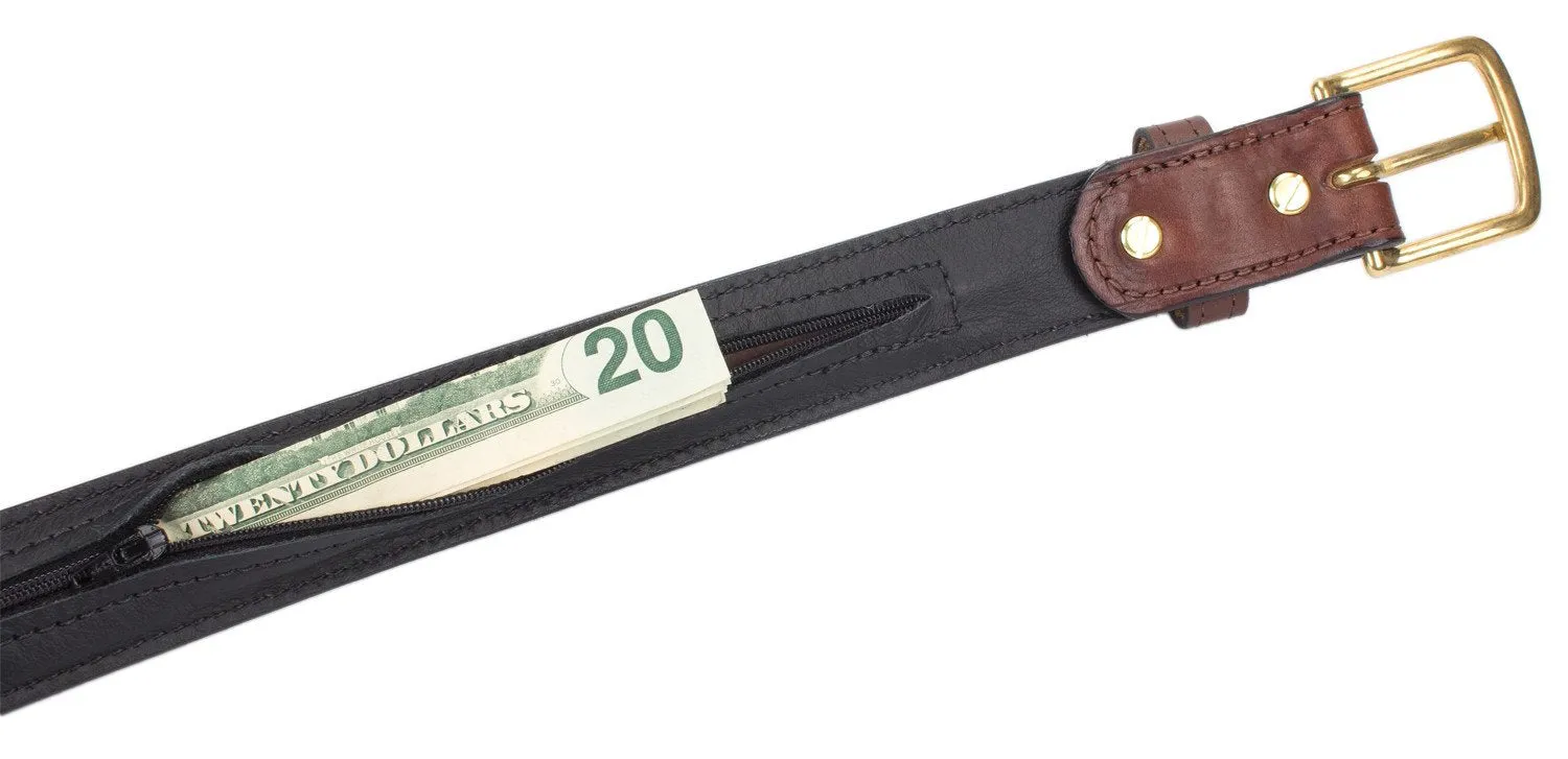 Hidden Money Pocket Travel Leather Belt (Size 52, Brown)