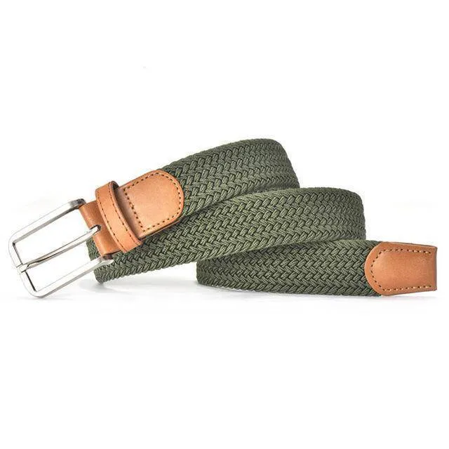 Hot Colors Men Women's Casual Knitted Belt Woven Canvas Elastic Stretch Belt  Plain Webbing Belt Metal Buckle Black