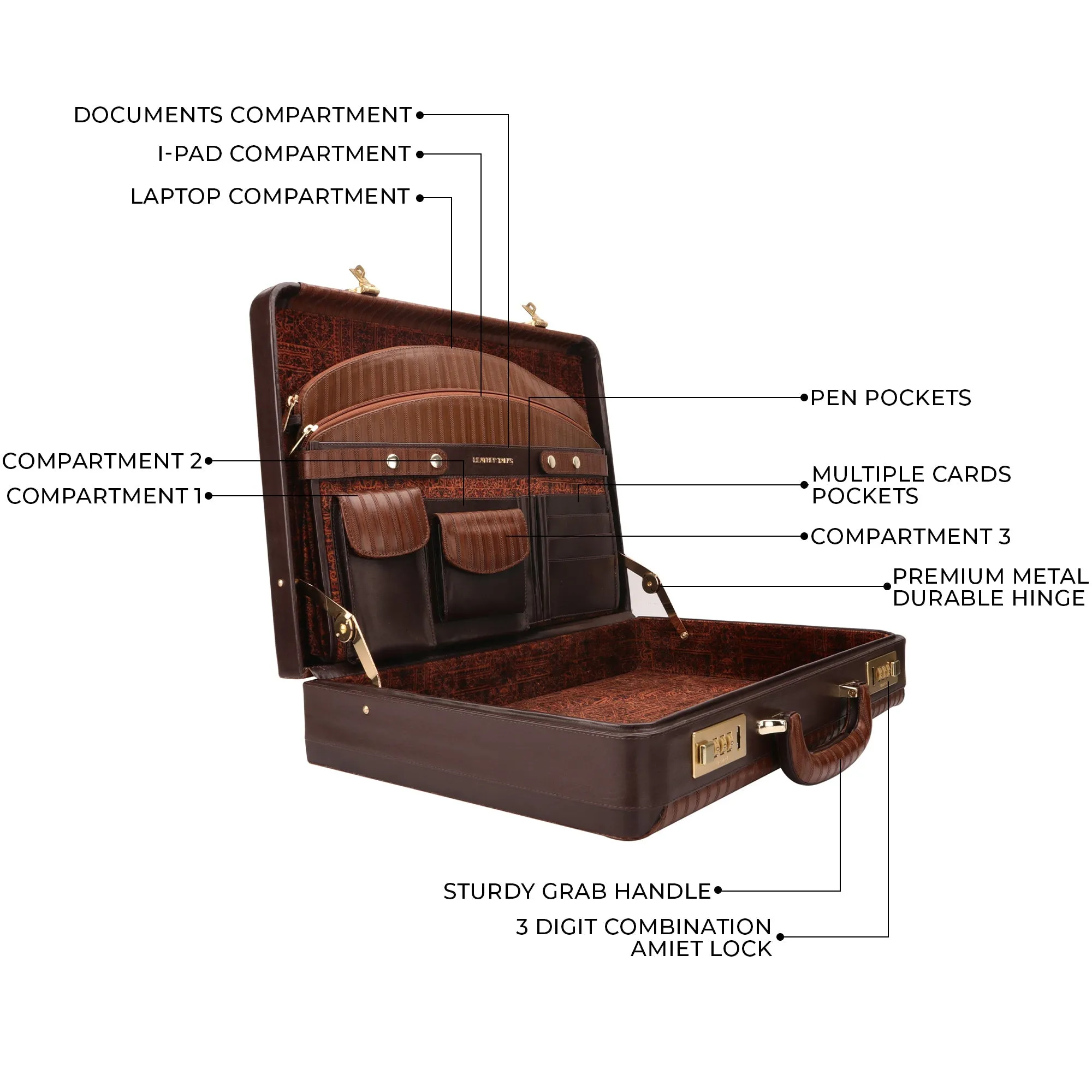 Italian VT Stripe Ruvido - Double Lock Leather Attache Briefcase | Lifetime Service Warranty | Brown