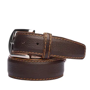 LEN Belt French Pebble Grain Chocolate w/ Orange Edge & Border Stitch STK