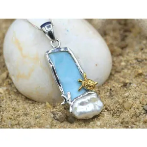 Little Sea Turtle with Larimar and Pearl Beach Pendant - Only One Piece Created