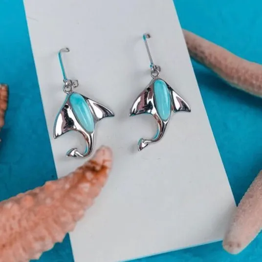 Manta Ray Earrings with Larimar and Black Spinel