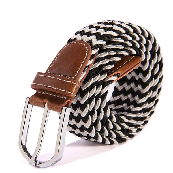 Men Women Waistband Unisex Canvas Woven Leather Pin Buckle Elastic Waist Belt