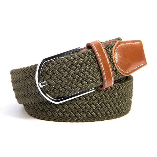 Men Women Waistband Unisex Canvas Woven Leather Pin Buckle Elastic Waist Belt