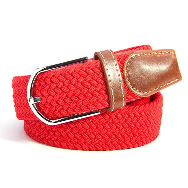 Men Women Waistband Unisex Canvas Woven Leather Pin Buckle Elastic Waist Belt