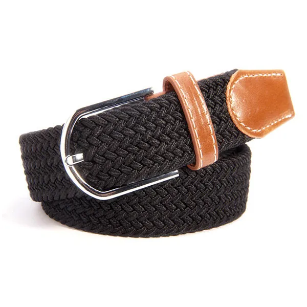 Men Women Waistband Unisex Canvas Woven Leather Pin Buckle Elastic Waist Belt