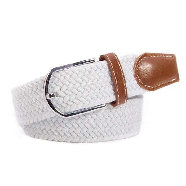 Men Women Waistband Unisex Canvas Woven Leather Pin Buckle Elastic Waist Belt