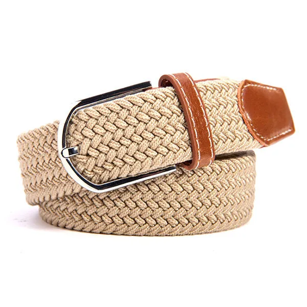 Men Women Waistband Unisex Canvas Woven Leather Pin Buckle Elastic Waist Belt