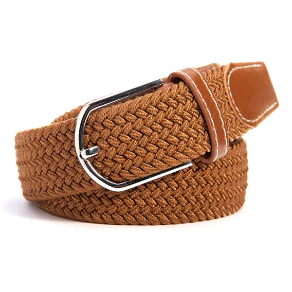 Men Women Waistband Unisex Canvas Woven Leather Pin Buckle Elastic Waist Belt