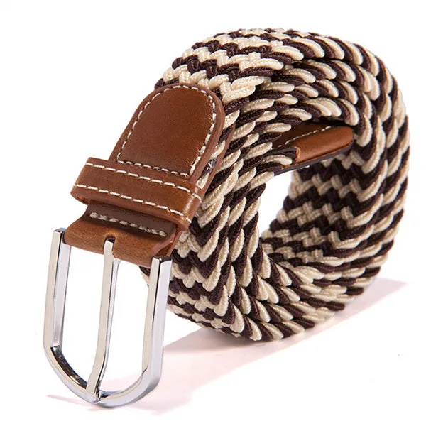 Men Women Waistband Unisex Canvas Woven Leather Pin Buckle Elastic Waist Belt