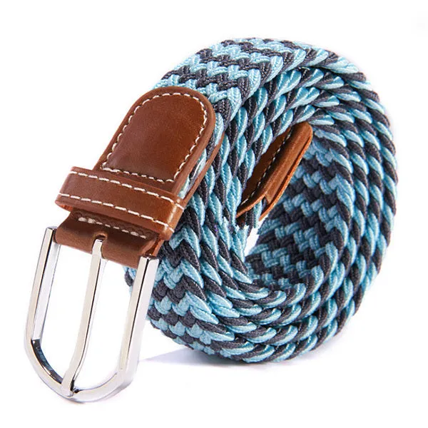 Men Women Waistband Unisex Canvas Woven Leather Pin Buckle Elastic Waist Belt