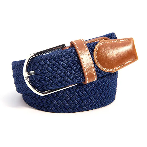 Men Women Waistband Unisex Canvas Woven Leather Pin Buckle Elastic Waist Belt