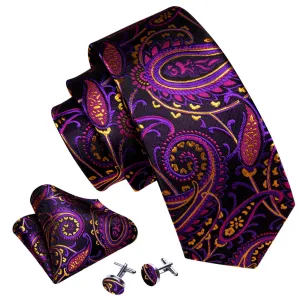 Men's Black And Purple Paisley 100% Silk Neck Tie With Matching Hanky And Cufflinks Set