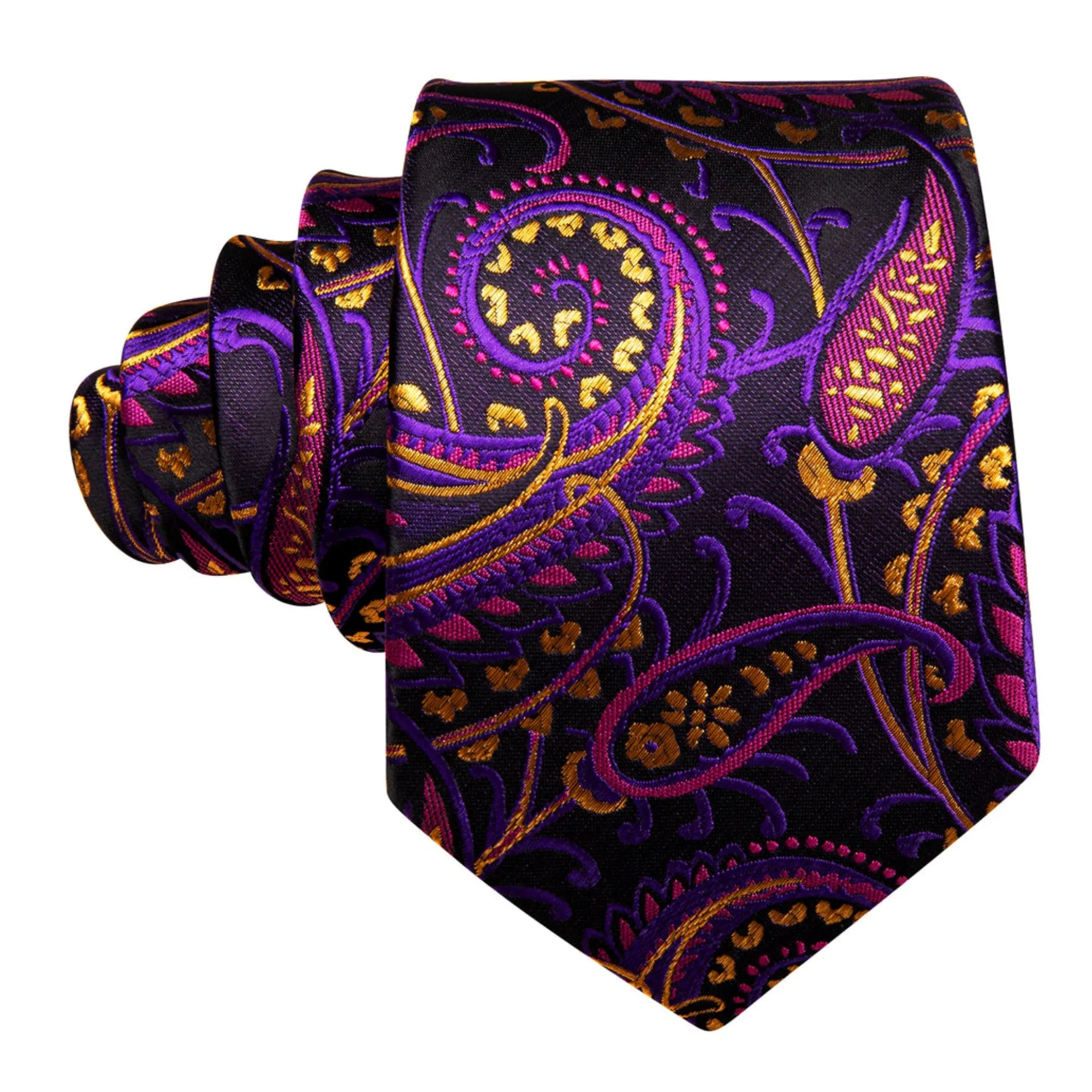 Men's Black And Purple Paisley 100% Silk Neck Tie With Matching Hanky And Cufflinks Set