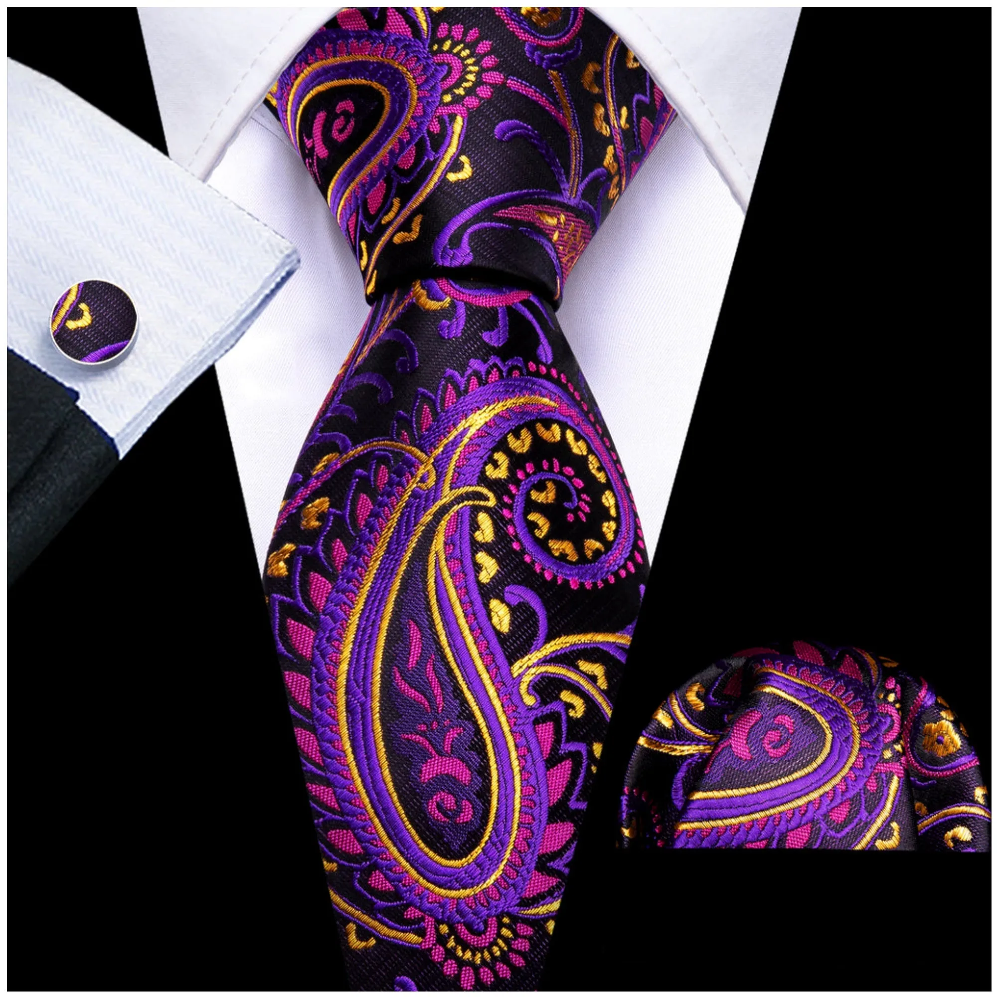 Men's Black And Purple Paisley 100% Silk Neck Tie With Matching Hanky And Cufflinks Set