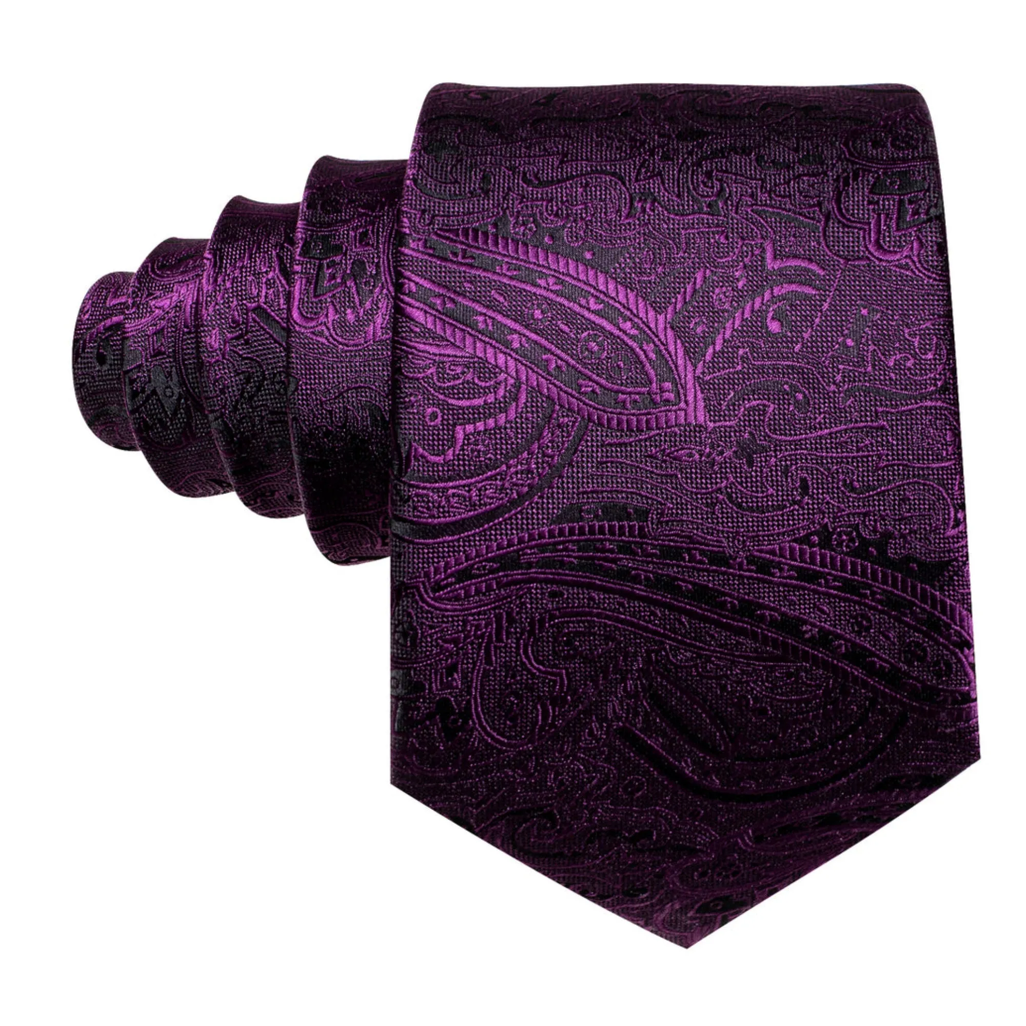 Men's Dark Purple Paisley 100% Silk Neck Tie With Matching Hanky And Cufflinks Set