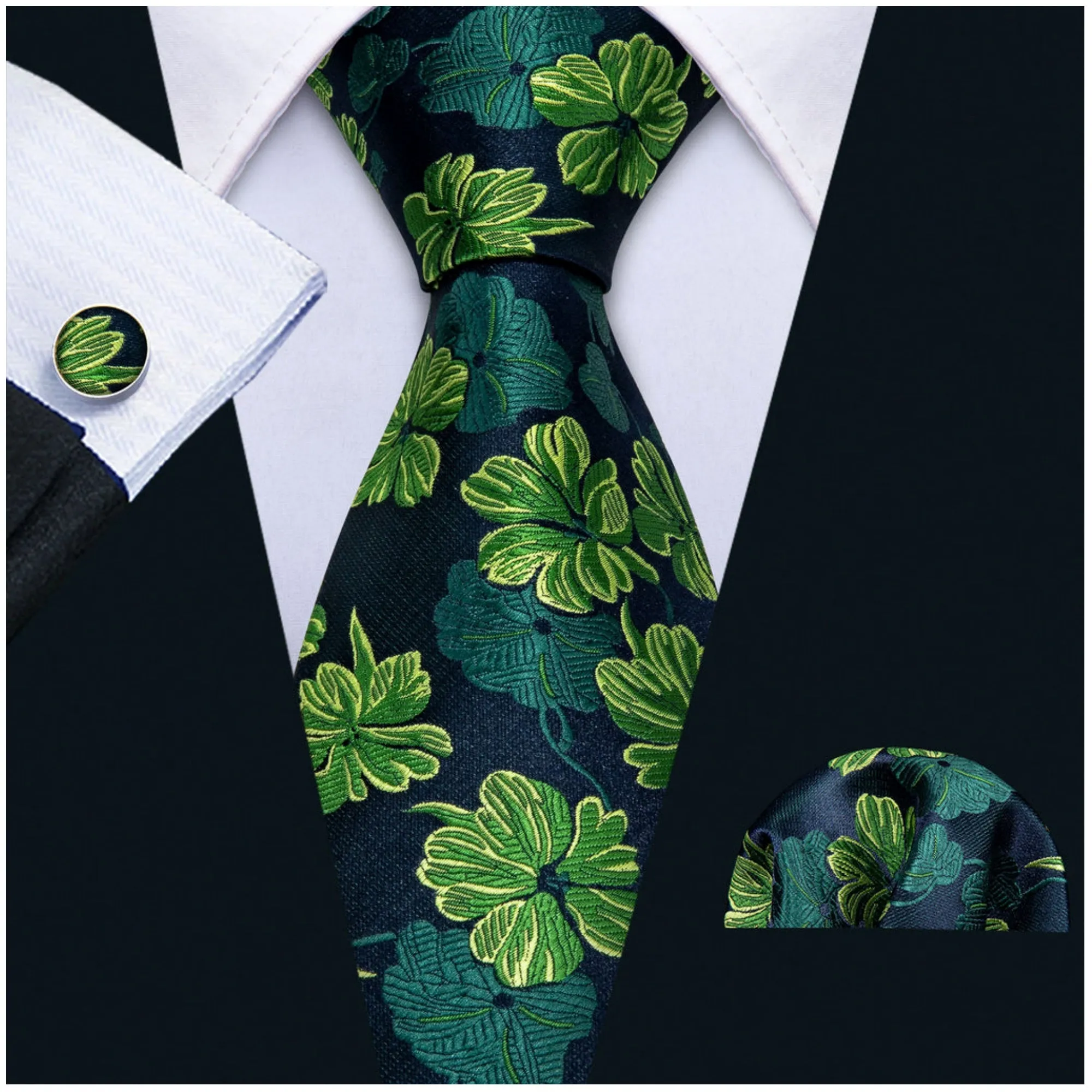 Men's Green Floral 100% Silk Neck Tie With Matching Hanky And Cufflinks Set