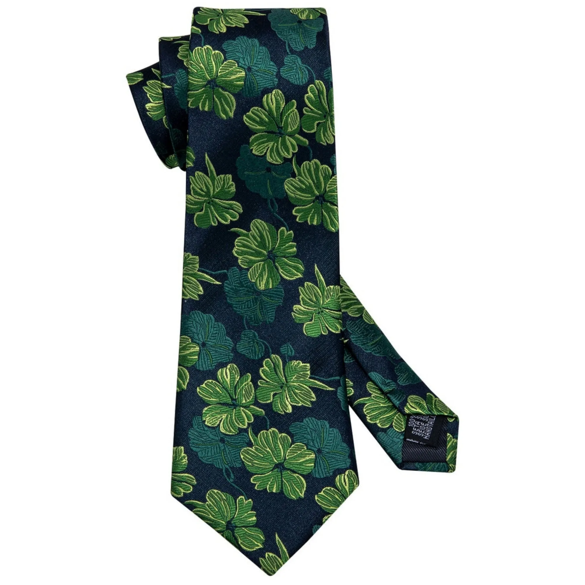 Men's Green Floral 100% Silk Neck Tie With Matching Hanky And Cufflinks Set